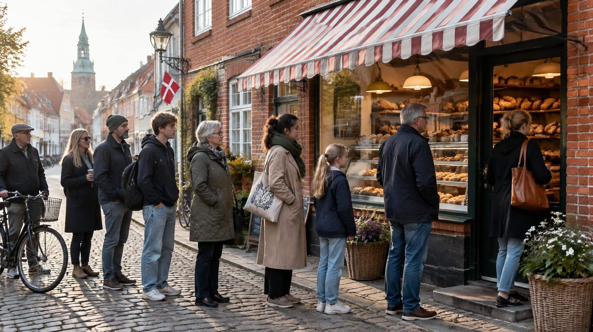 People queuing outside a traditional Danish bakery on a cobblestone street
