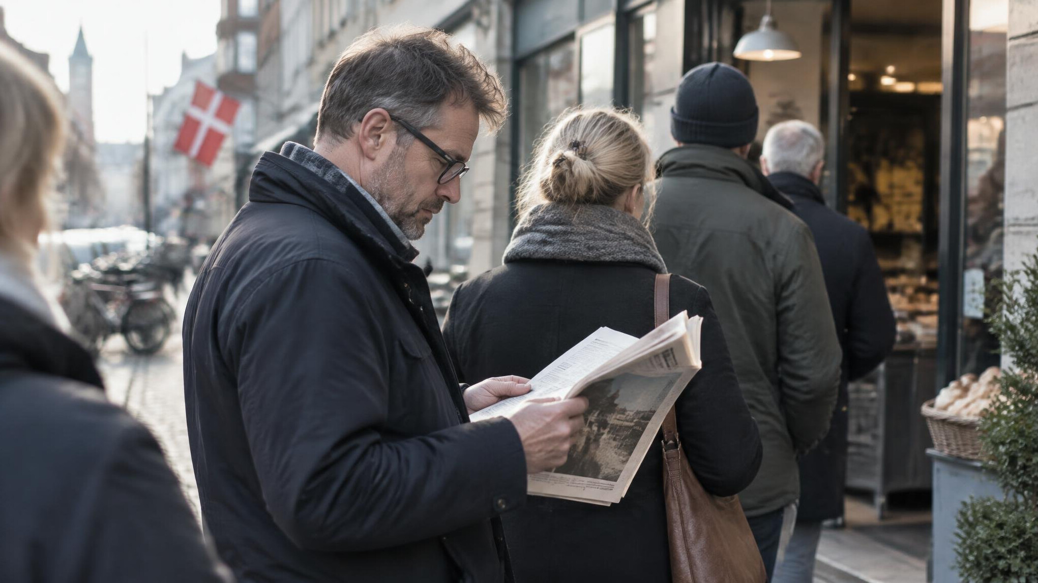A person reading a newspaper while waiting in a queue outside a shop