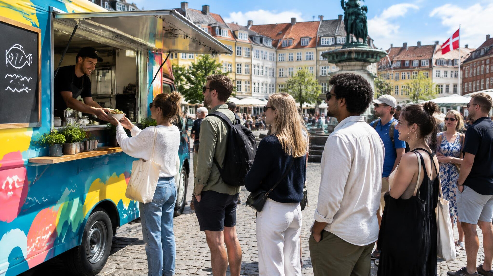 People queuing at a street food truck in a Danish city square