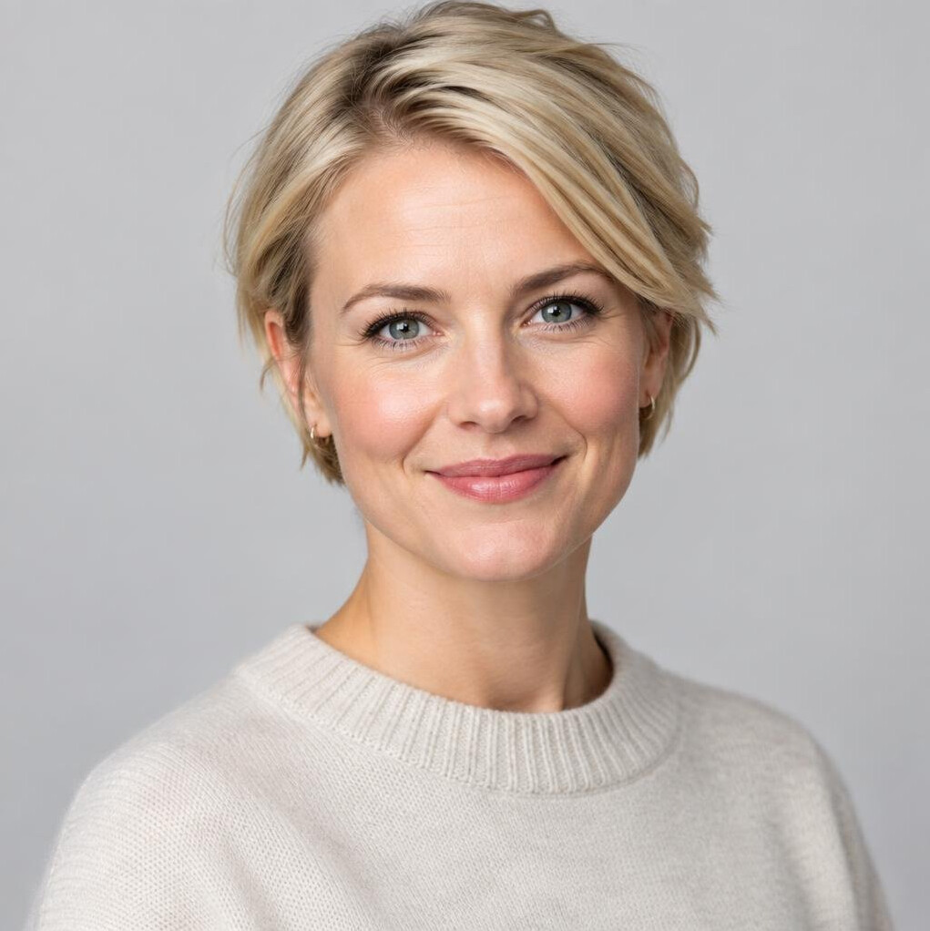 Studio portrait of a Danish woman in her thirties with short blonde hair